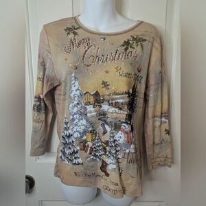 Studio Gem Women’s Tan Embellished Merry Christmas Wishes 3/4 Sleeve Tee Medium